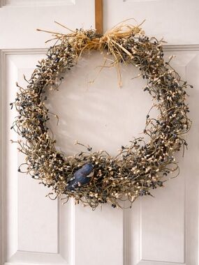 Neutral & Navy Berry Wreath with Baby Blue Jay Bird